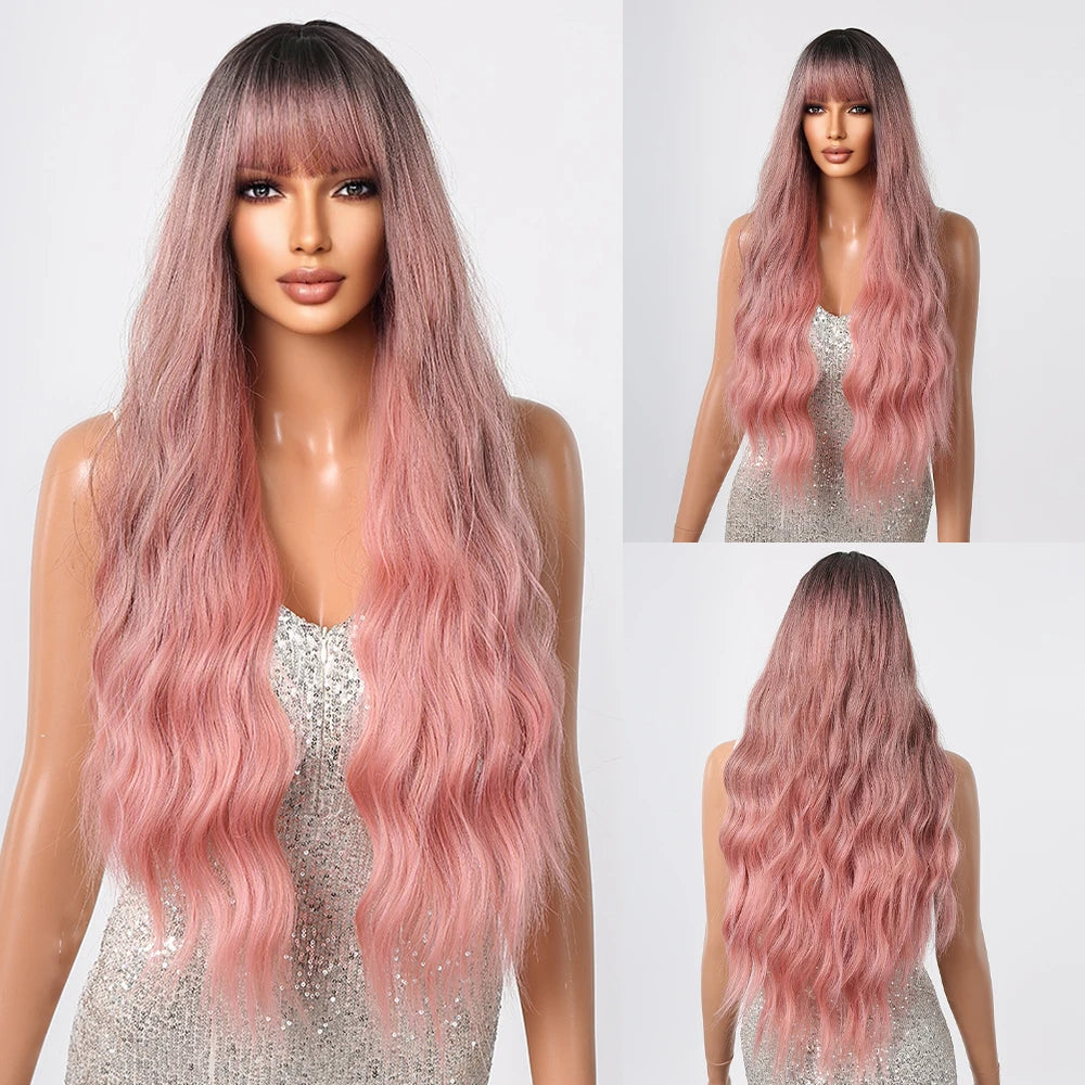 ALAN EATON Brown Highlight Long Wave Wigs for Women Synthetic Wig with Bangs Ombre Mixed Color Natural Looking Hair for Daily