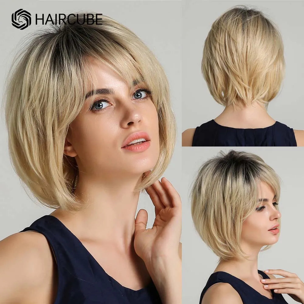 HAIRCUBE Short Chocolate Brown Human Hair Blend Wigs for Women Layered Pixie Cut Wig with Bang Natural Soft Heat Resistant Hair