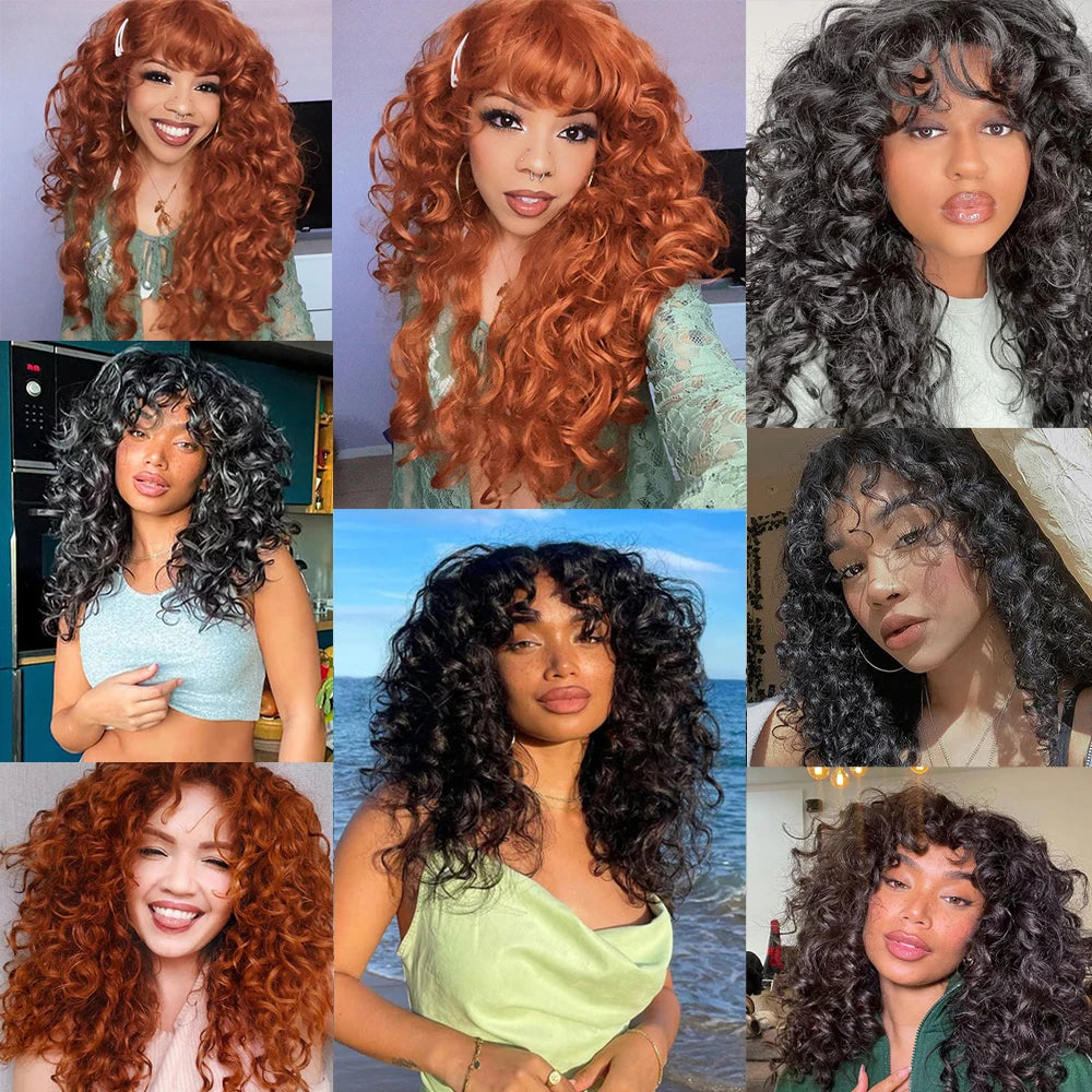 Long Curly Wig With Bangs for Women Copper Ginger Hair Chocolate Brown Kinky Curly Wigs Cosplay Natural synthetic wigs Hallowmas