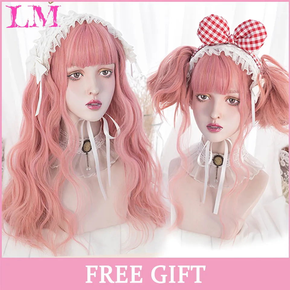 LM Synthetic Hair Long Wave Black And Pink Lolita Wigs For Women Cosplay Wig With Bangs Halloween Christmas Heat Resistant