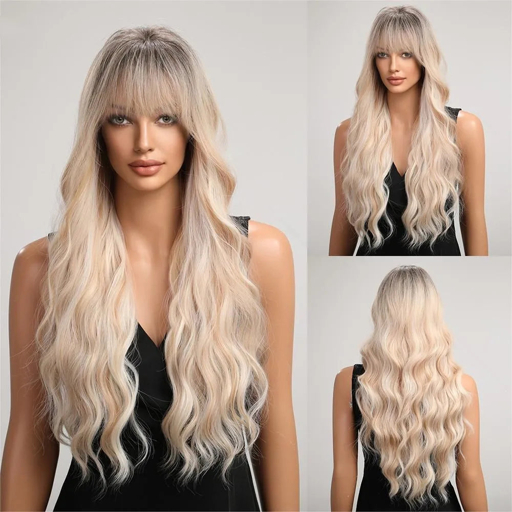 ALAN EATON Brown Highlight Long Wave Wigs for Women Synthetic Wig with Bangs Ombre Mixed Color Natural Looking Hair for Daily