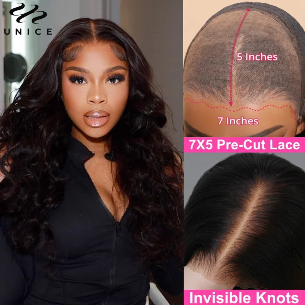 UNice Hair Pre Everything 7x5 Lace Wig Pre Cut Pre Bleached Body Wave Human Hair Wigs Glueless Wig Human Hair Ready To Wear Go