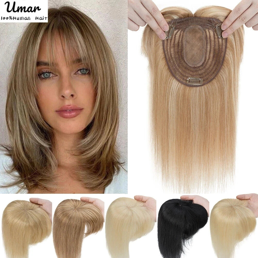 Hair Topper With Bangs Women 100% Human Hair Wigs Clip In Hairpieces Blonde Natural Straight Hair Topper Silk Base 35cm