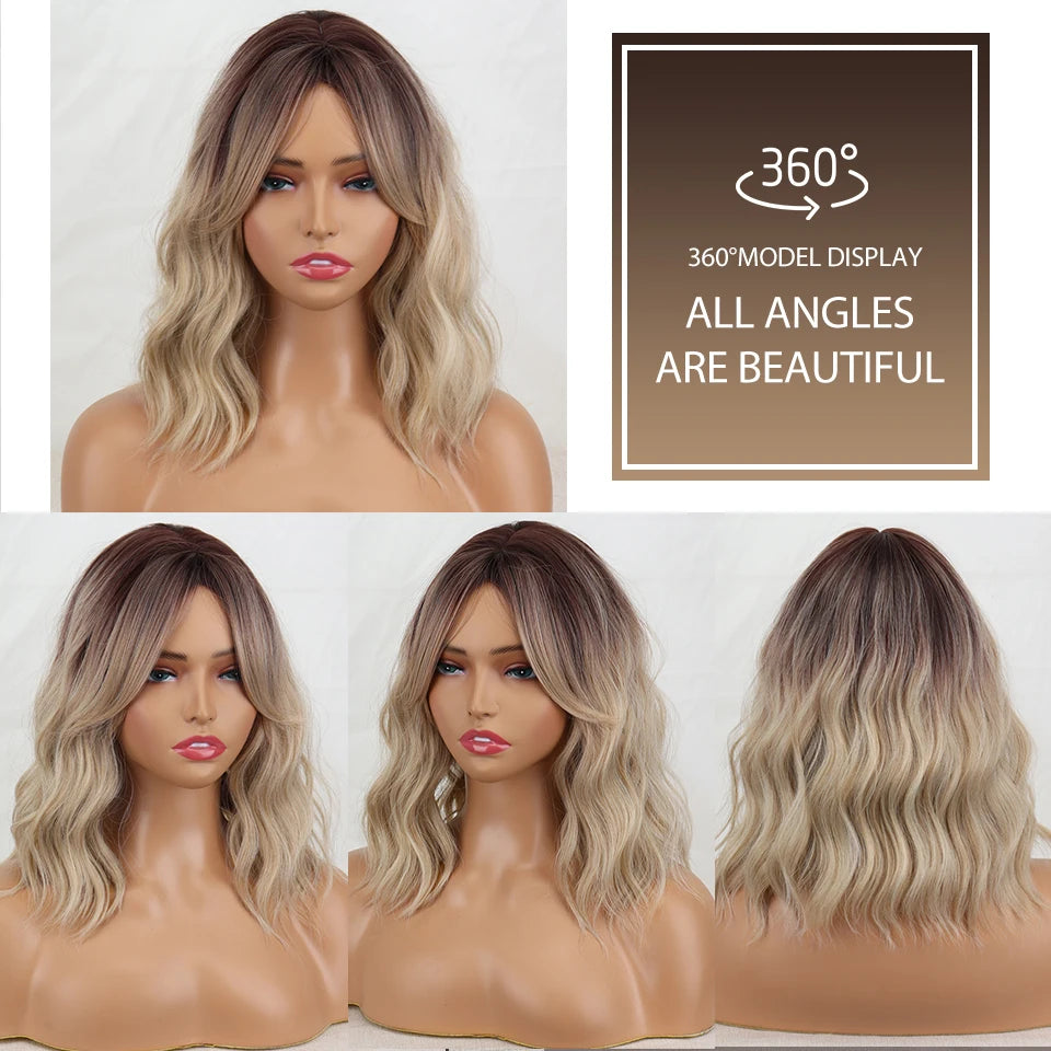 Brown Ombre Blonde Synthetic Bangs Wig Women Ash Blonde short Natural Wavy Hair Wig Daily Cosplay Use Heat Resistant