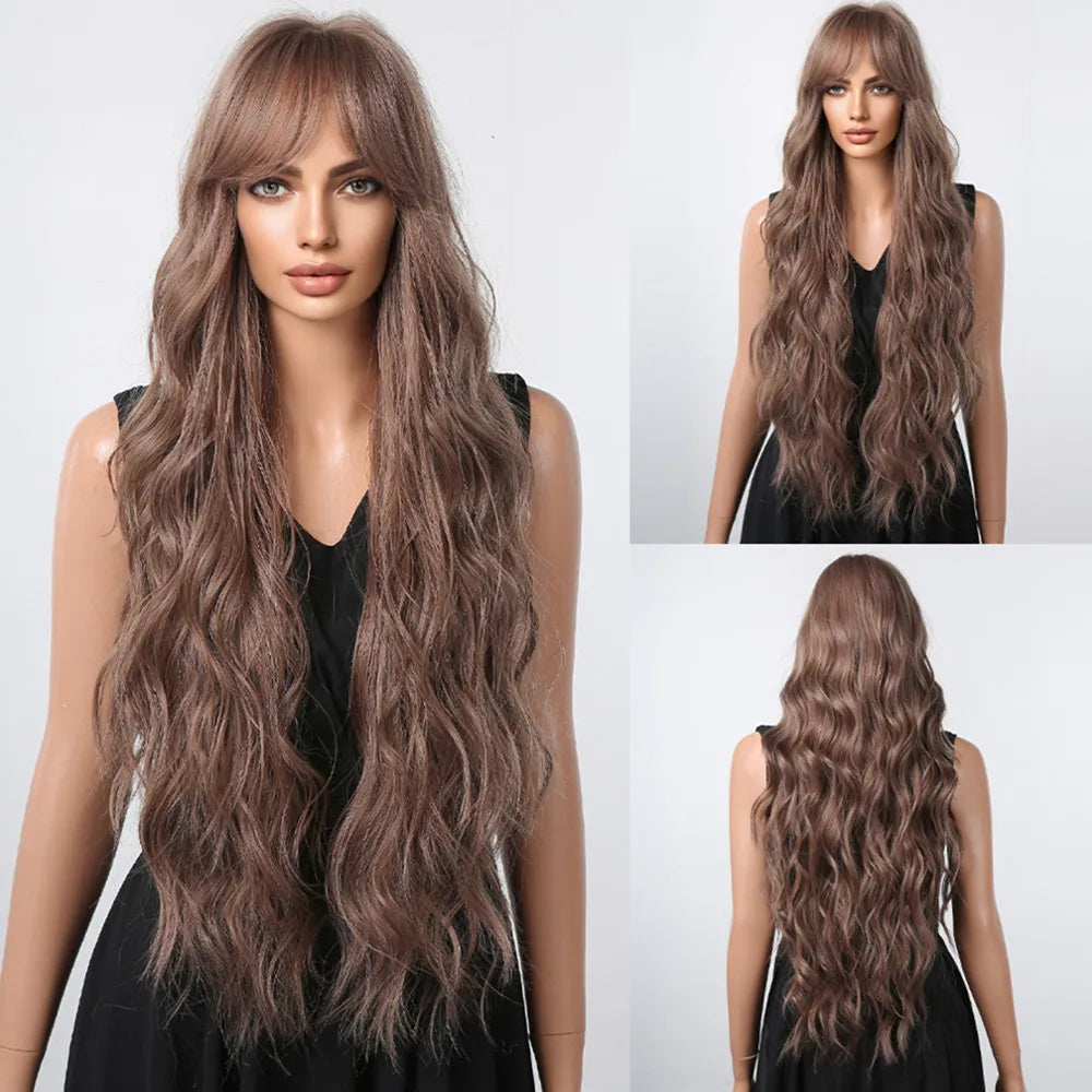 ALAN EATON Brown Highlight Long Wave Wigs for Women Synthetic Wig with Bangs Ombre Mixed Color Natural Looking Hair for Daily