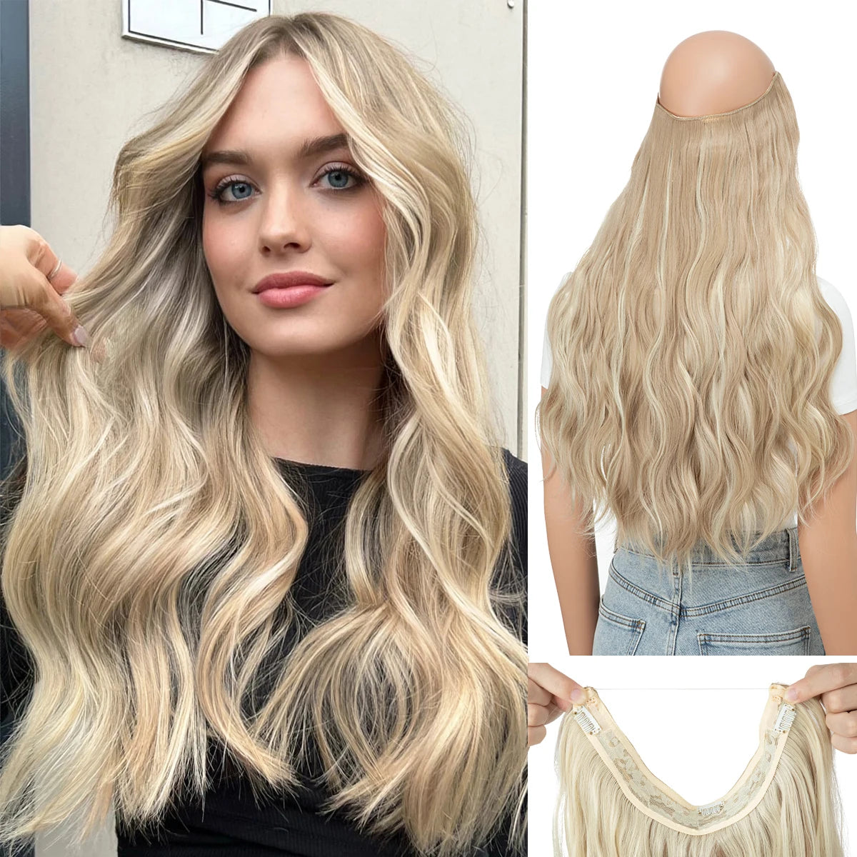 SARLA Synthetic Wave Invisible Clip in Hair Extensions Fish Line Ombre One Piece Natural Hairpiece Fake Blonde Hair Piece