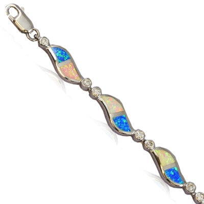 Sterling Silver Hawaiian Rainbow Opal Swirl and CZ Bracelet