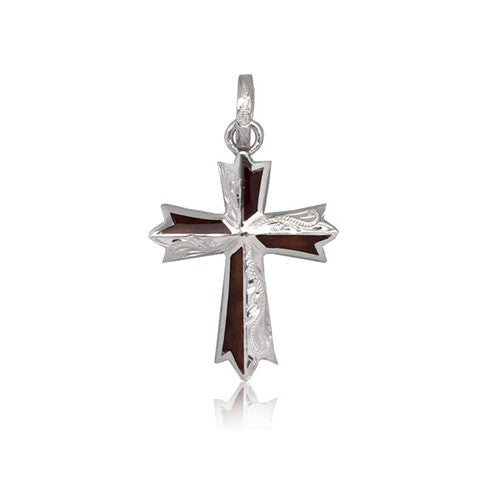 Sterling Silver Hawaiian Koa Wood Engraved Cross Pendant~Small
