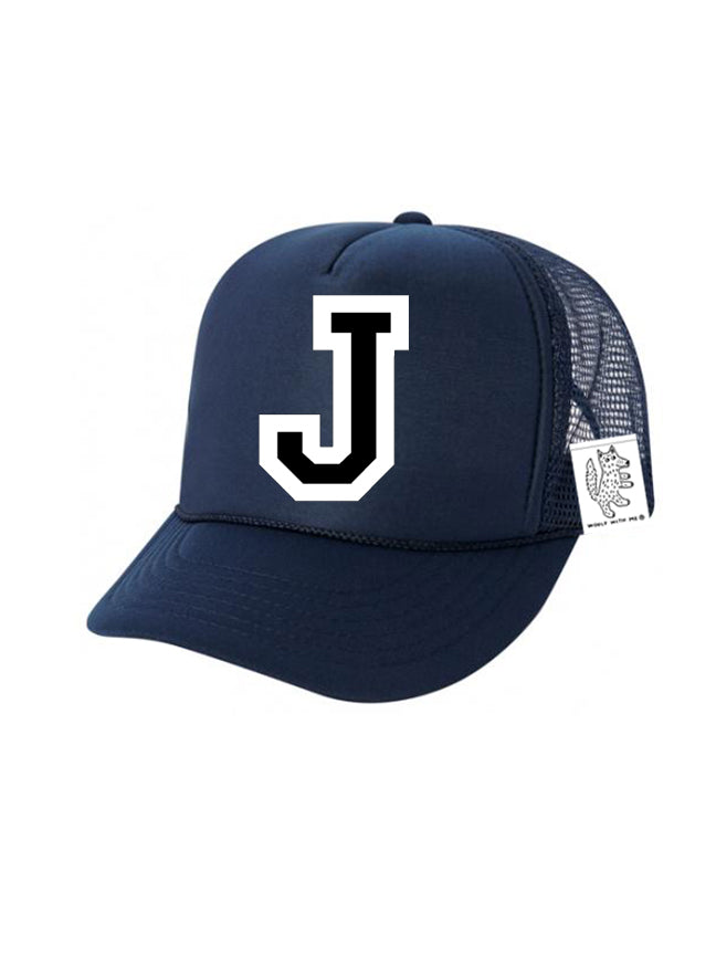 Custom Initial Letter (A-Z) Kids Trucker Hat (Navy)