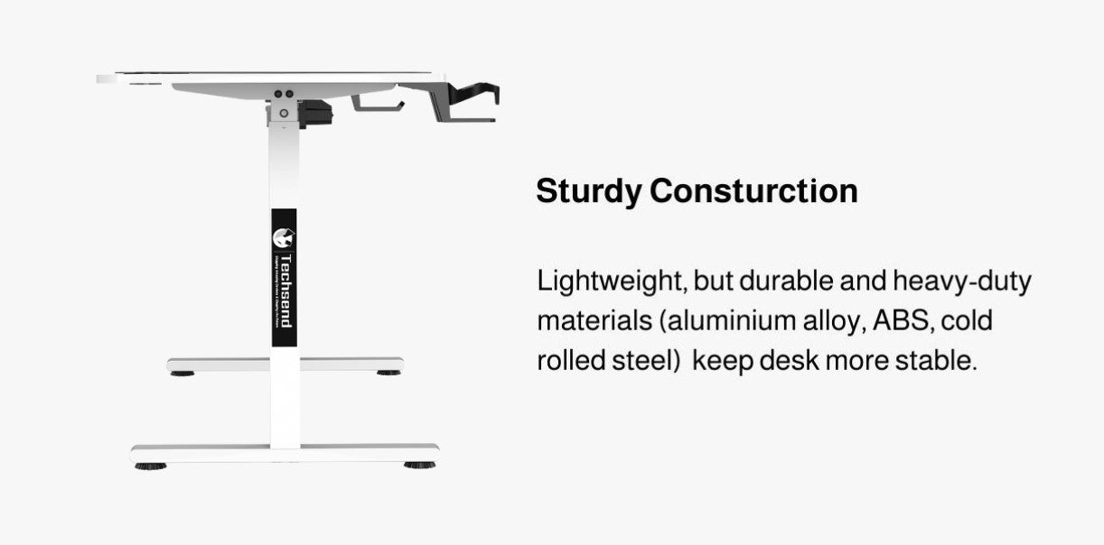 Sturdy Consturction Lightweight, but durable and heavy-duty materials (aluminium alloy, ABS, cold rolled steel) keep desk more stable.