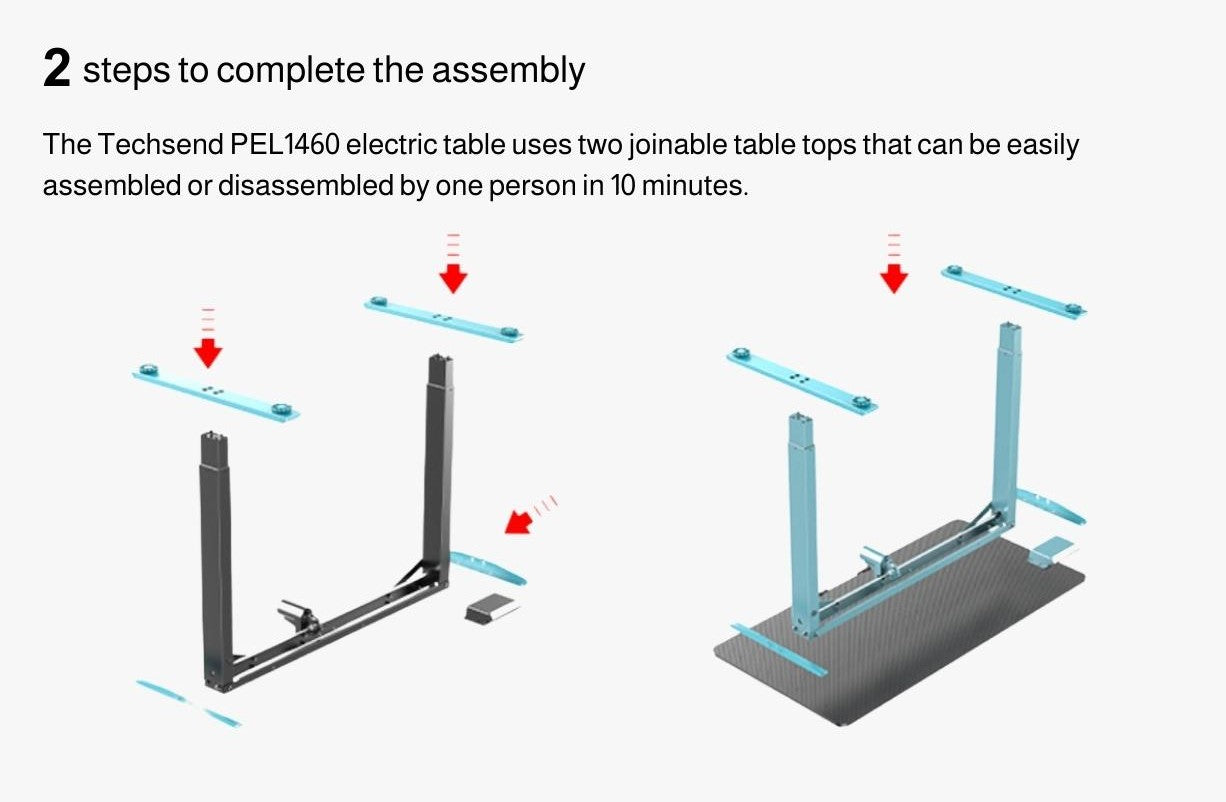 2 steps to complete the assembly The Techsend (FEL1470) electric table uses two joinable table tops that can be easily assembled or disassembled by one person in 10 minutes.