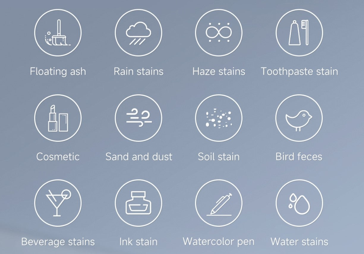 ✔Floating ash ✔Rain stains ✔Haze stains ✔Toothpaste stain ✔Cosmetic Sand and dust ✔Soil stain ✔Bird feces ✔Beverage stains ✔Ink stain ✔Watercolor pen ✔Water stains