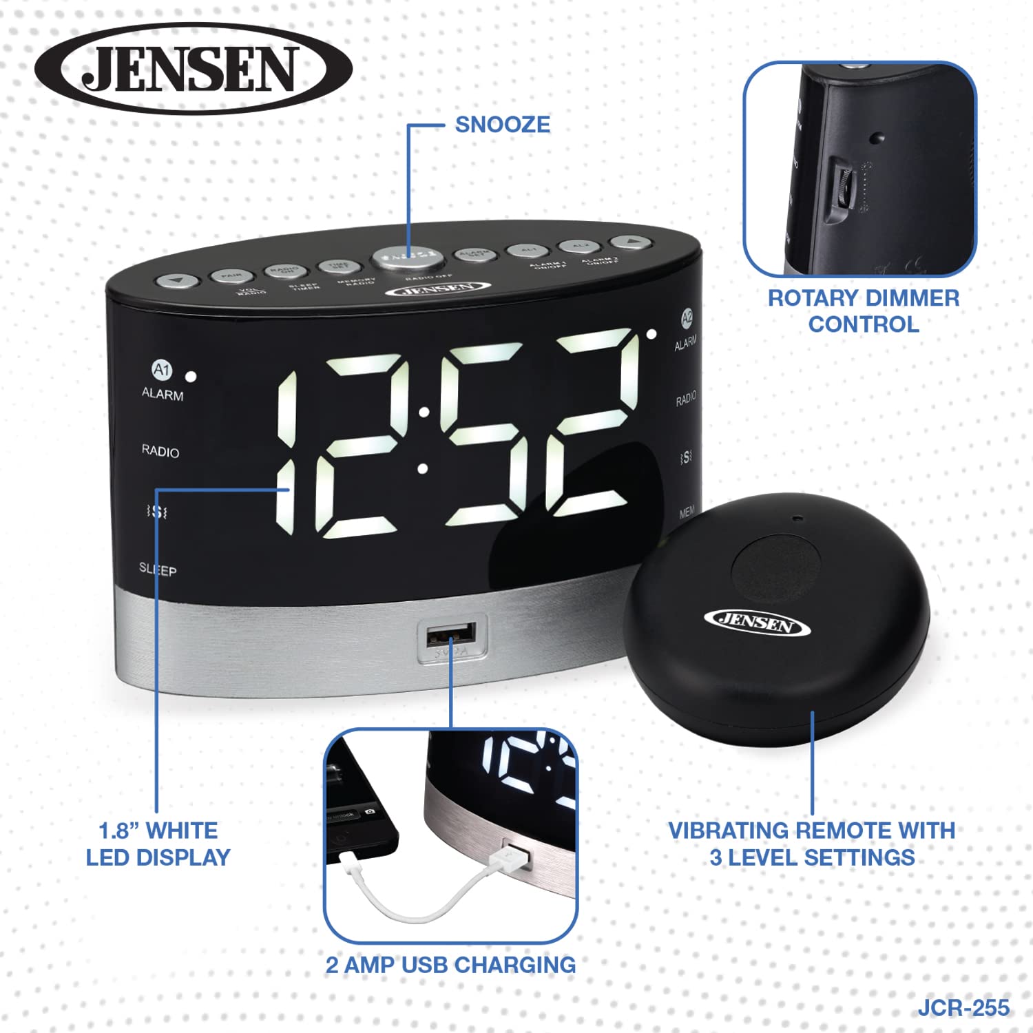 JENSEN JCR-255 JCR-255 .6-Watt AM/FM Dual-Alarm Digital Clock Radio with Under-Pillow Vibrator