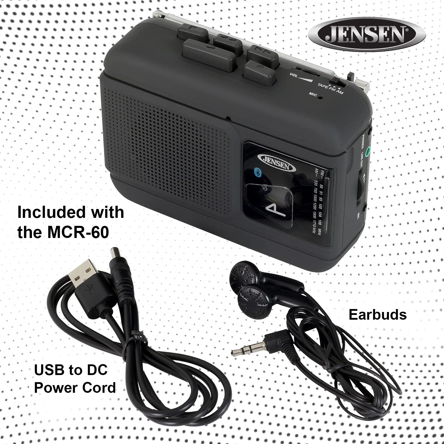 JENSEN MCR-60 MCR-60 Portable Personal Cassette Player/Recorder with AM/FM Radio, Bluetooth, and Earbuds, Black