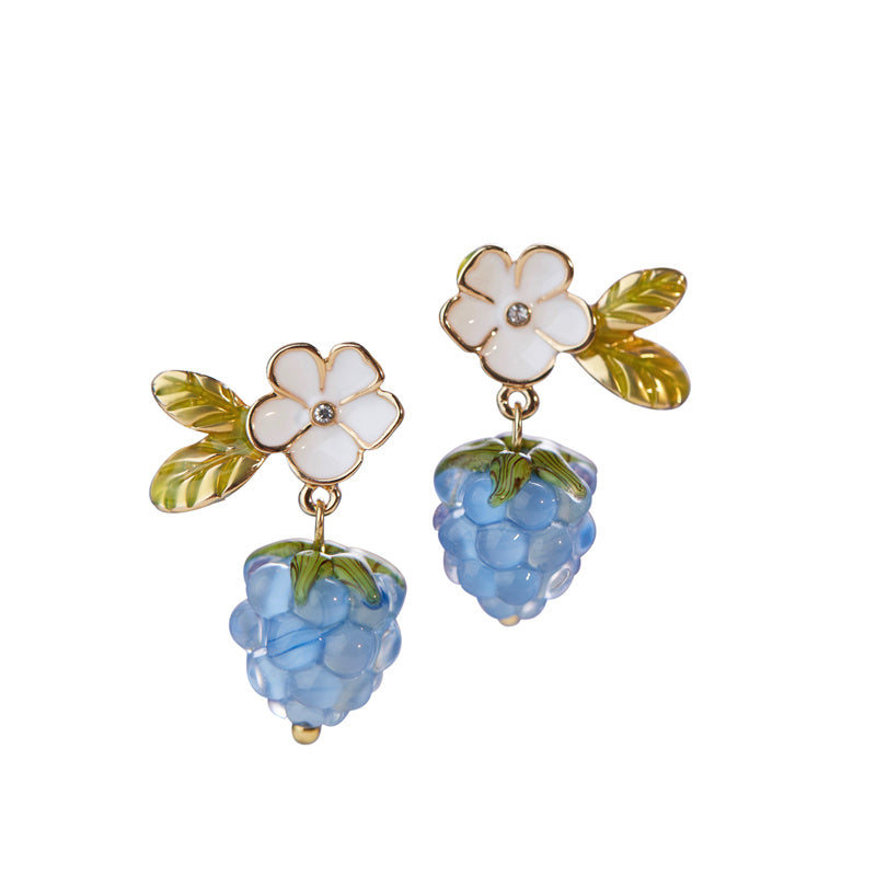 Blue Raspberry Cute Glass Flower Fruit Earrings