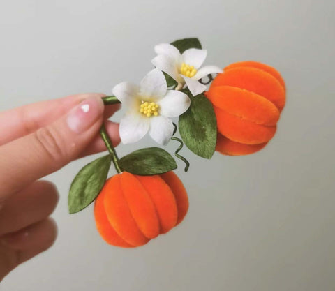 Pumpkin, flowers and leaves made with Suzhou embroidery thread