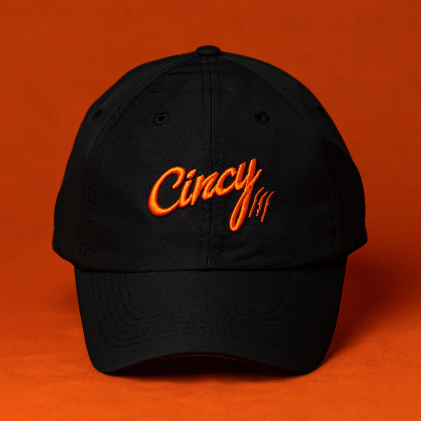 Lightweight Dad Hat in Black with Orange Logo by The Cincy Hat