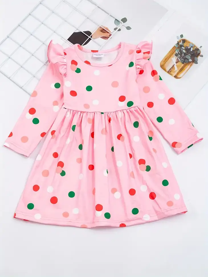 Long Sleeve Winter Holiday Ruffle Accent Dress in Polka Dots