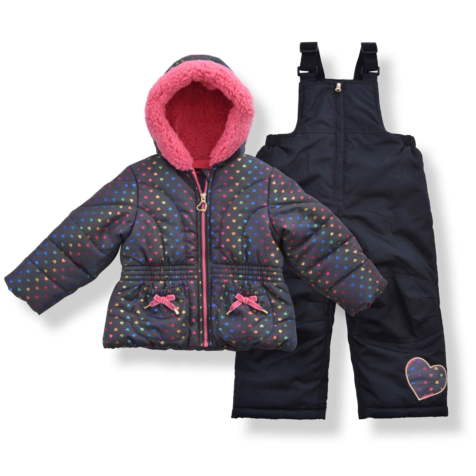 New Arctic Quest 2 Piece Toddler Girls Rainbow Heart Snowsuit Fleece Lined Hooded Jacket and Bib Set (2T)