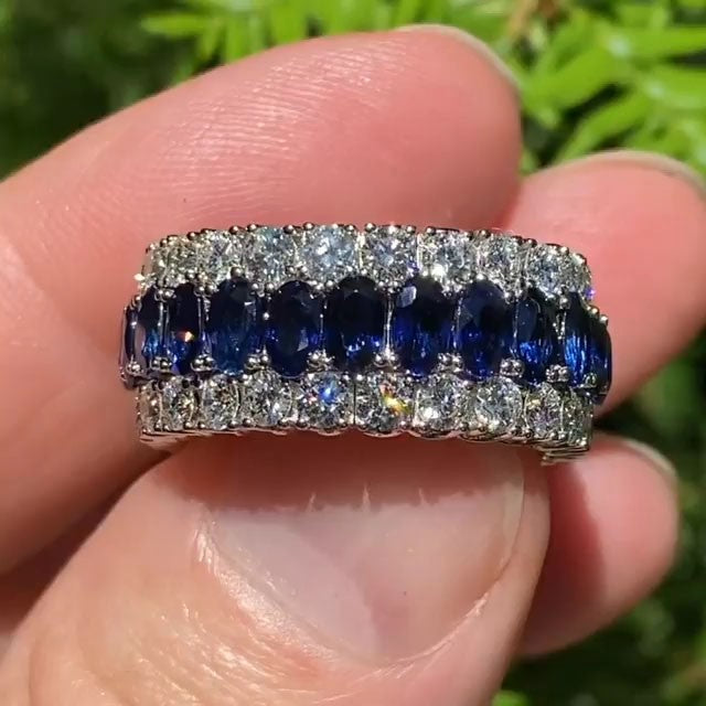 Gorgeous Eternity Triple Row Blue Sterling Silver Wedding Band