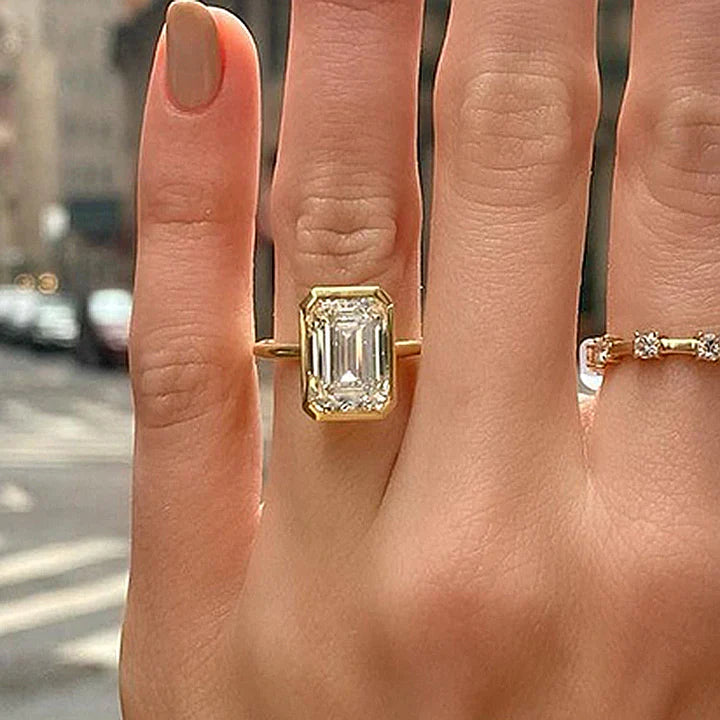 Elegant Emerald Cut Sterling Silver Engagement Ring In Golden Tone