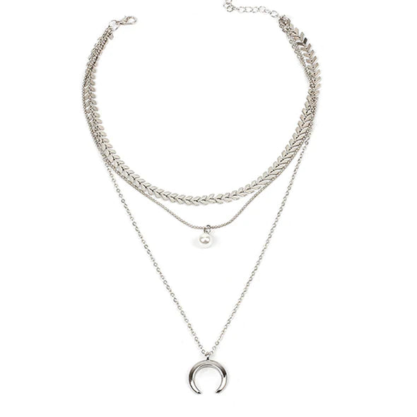 Crescent Moon & Pearl Dangle Layered Necklace