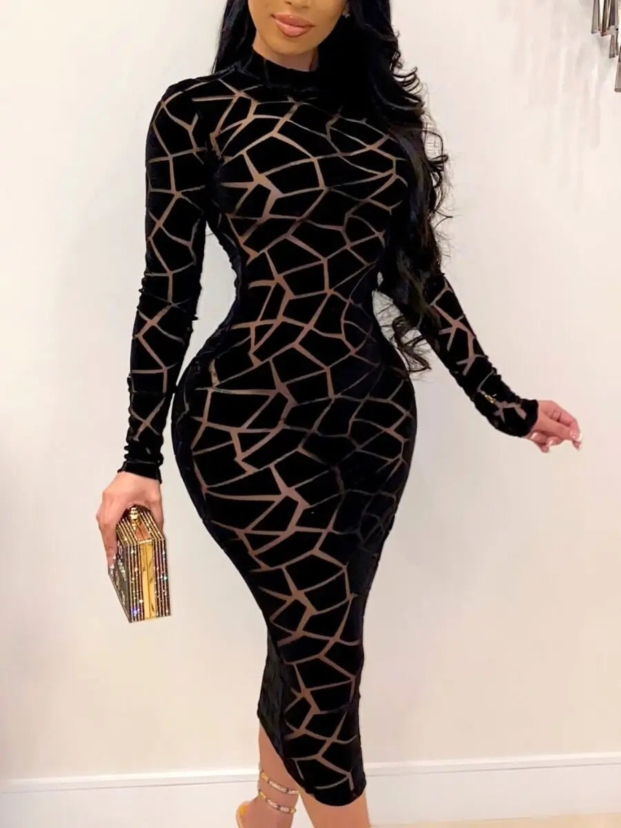 Elegant Geometric Print Dresses Long Sleeve Slim Fit Midi & Maxi Dress See Through Patchwork Mock Neck Bodycon Dresses