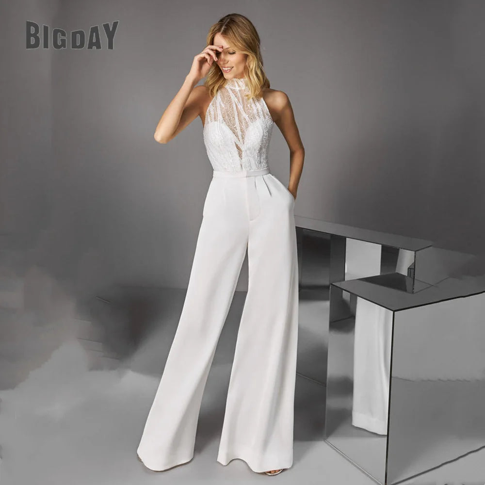 Ivory Jumpsuit Wedding Dress With Pocket Pants Suit High Halter Neck Sexy Illusion Sequins Bride Dress With Pants Outfits Custom