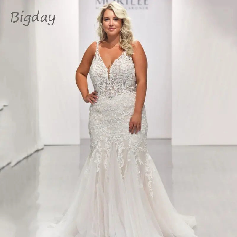 Elegant Mermaid Wedding Dresses Women Plus Size White Open Back V-Neck Tulle Spaghetti Straps Bridal Gown Vestidos De Novia