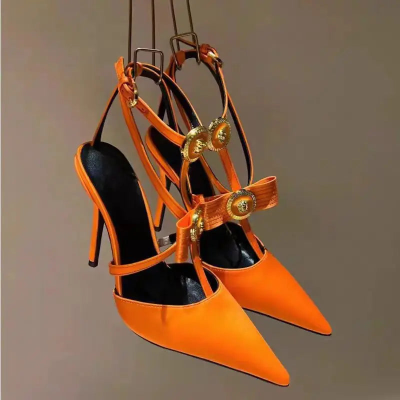 Orange Pointed Toe Metal Bow T-Buckle Strap Stiletto Sandals Woman Summer Stain Sexy Closed Toe High Heels Luxury Shoes
