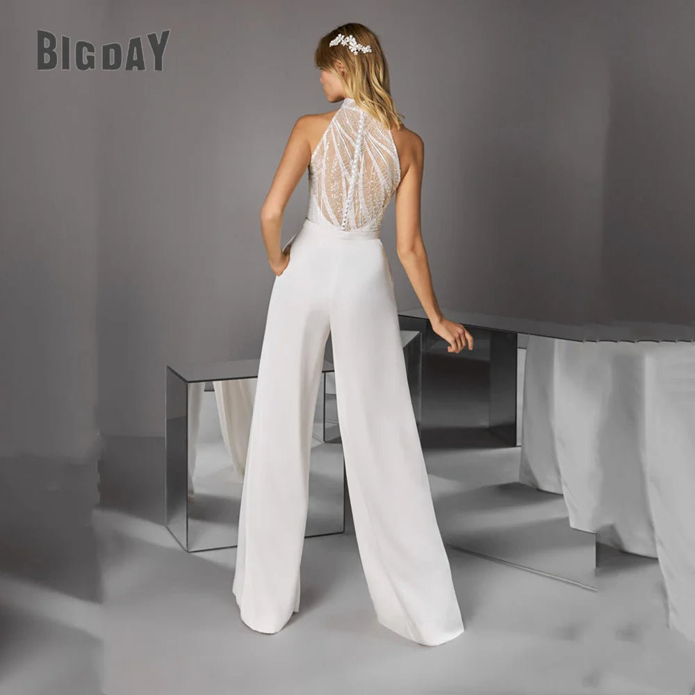 Ivory Jumpsuit Wedding Dress With Pocket Pants Suit High Halter Neck Sexy Illusion Sequins Bride Dress With Pants Outfits Custom