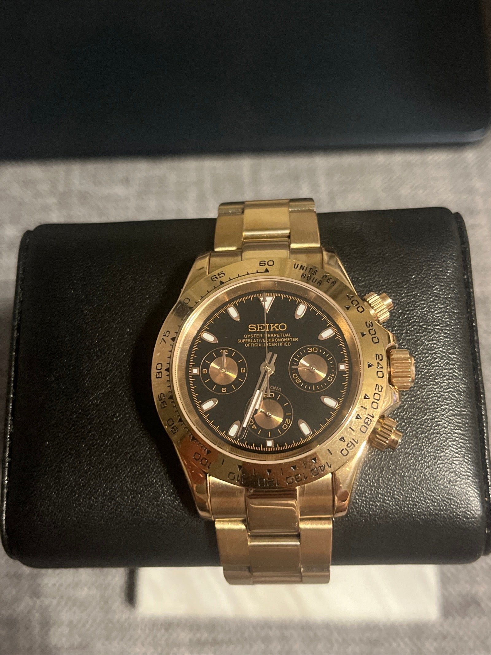Custom build seiko mod - gold seitona with black dial VK63 meca-quartz chronograph watch Daytona