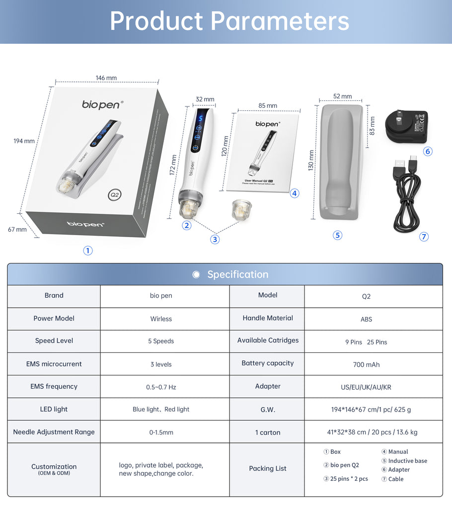 Bio Pen Q2 Microneedling Pen With EMS & LED Skin Care + 2 Cartridges ...