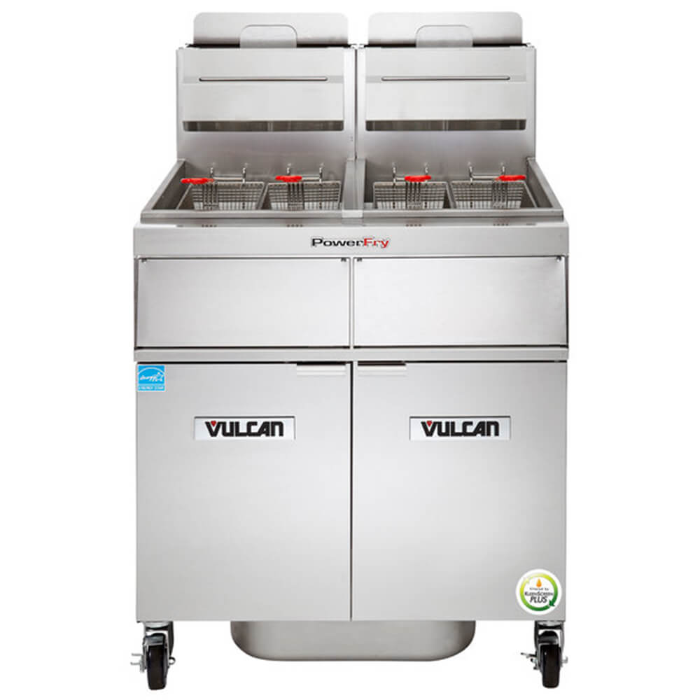Vulcan 2TR45AF-1 PowerFry3 Natural Gas 90-100 lb. 2 Unit Fryer System with Solid State Analog Controls and KleenScreen Filtration - 140 000 BTU