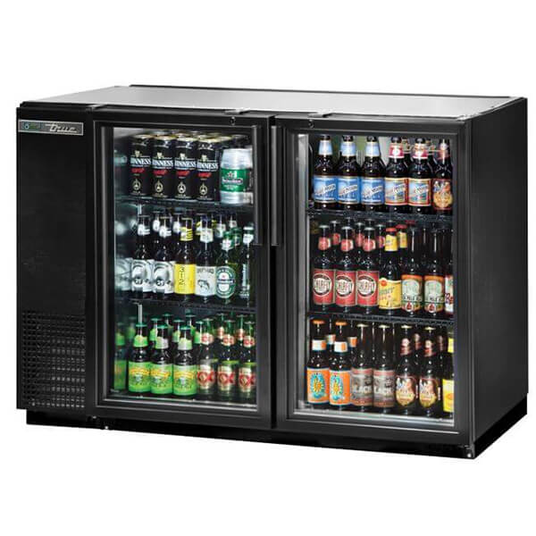 True TBB-24GAL-48G-HC-LD Back Bar Refrigerator 2 Glass Doors Galvanized Top 48 inch Black