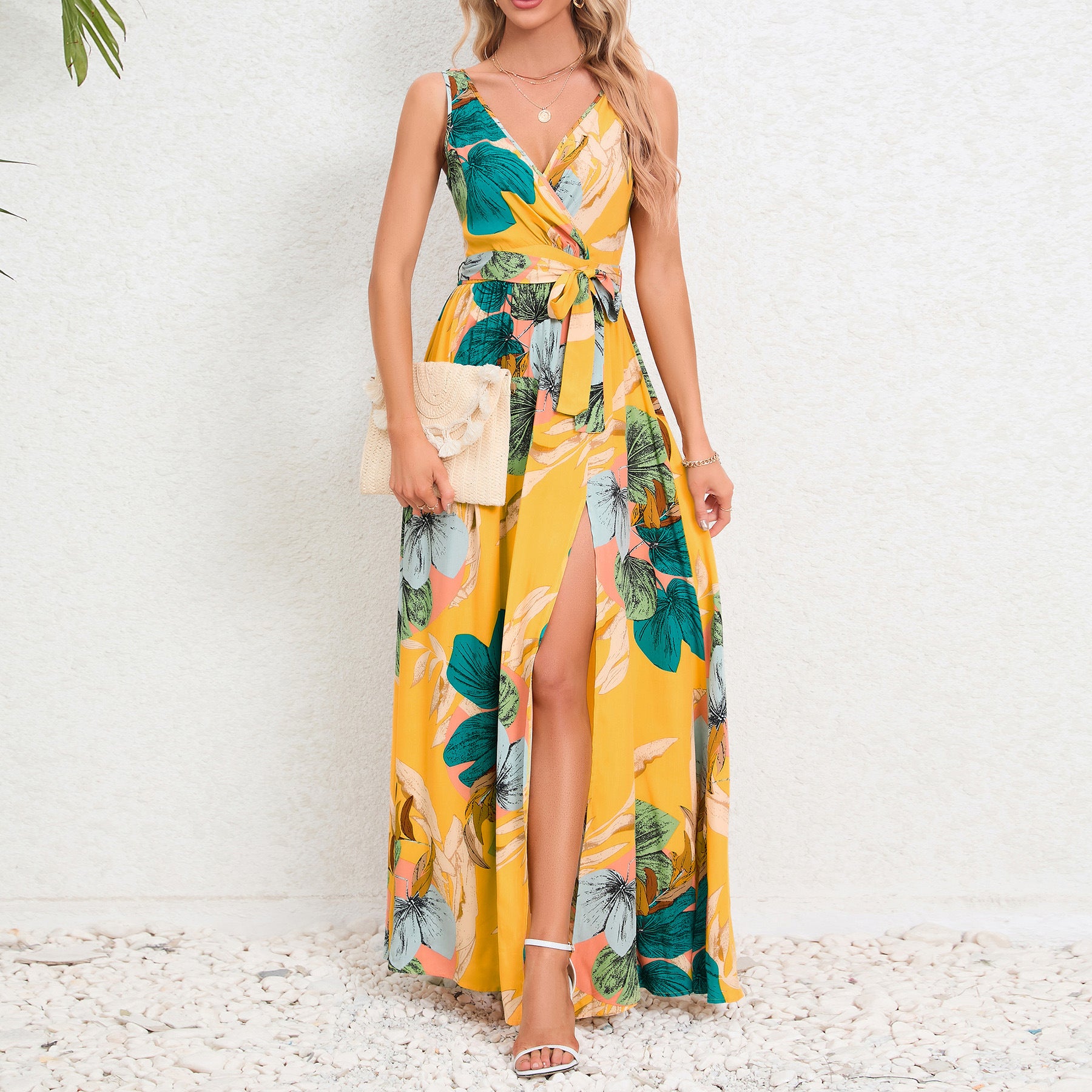 Floral Print V-neck Long Dress Summer Fashion with Waist Tie and Sleeveless Design