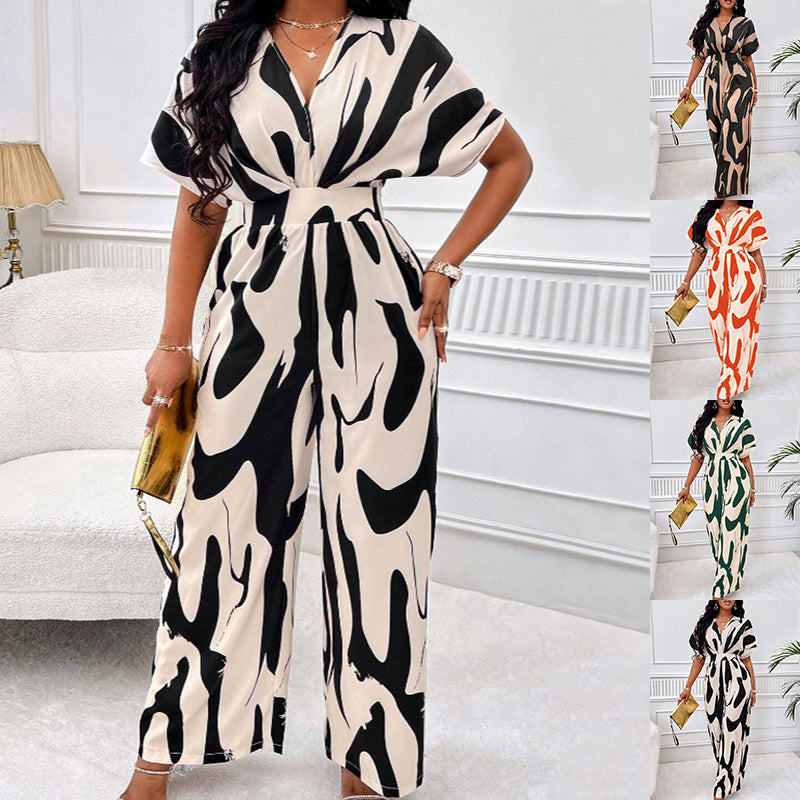 Chic and Comfortable V-neck Loose Printed Long Jumpsuit