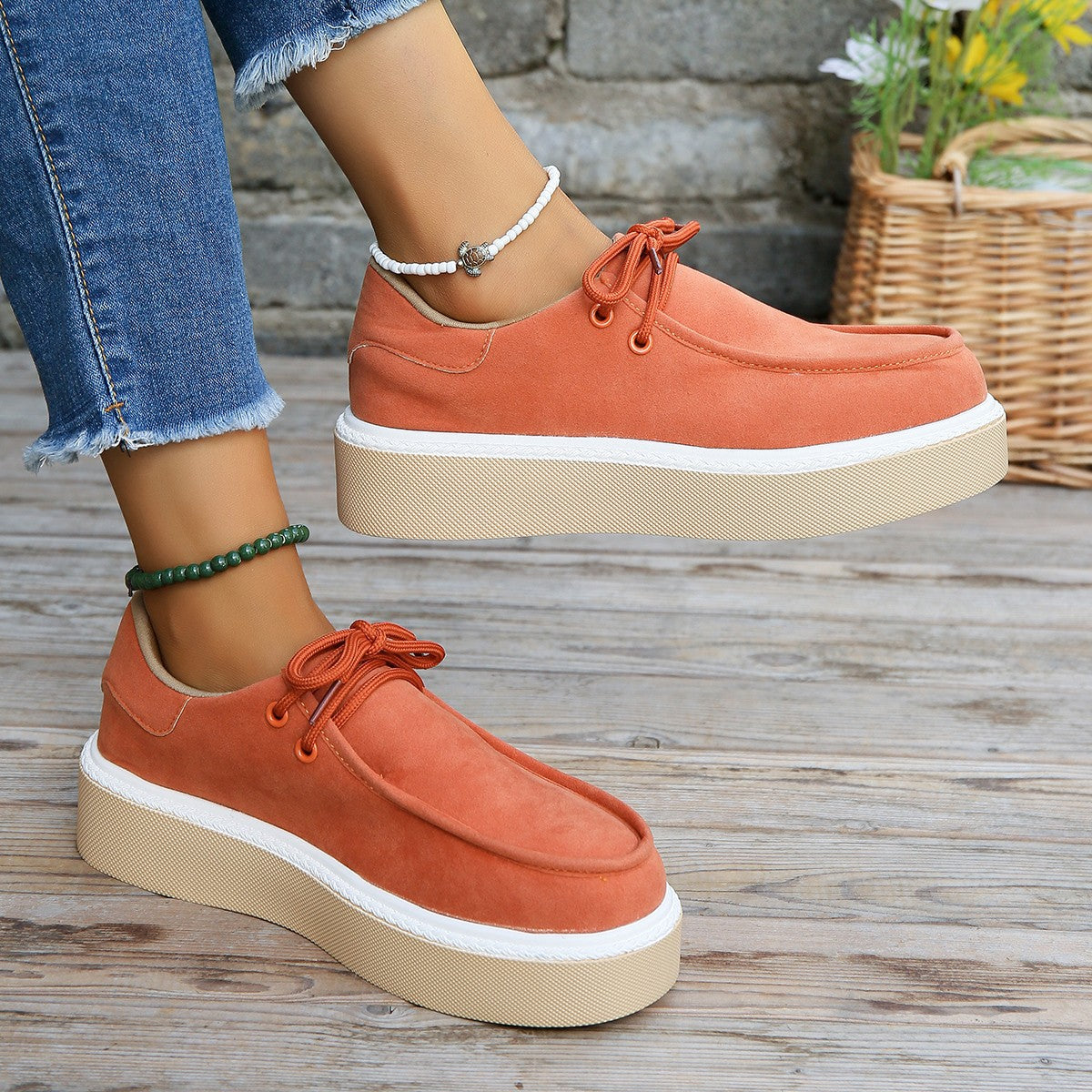 New Thick Bottom Lace-up Flats Women Solid Color Casual Fashion Lightweight