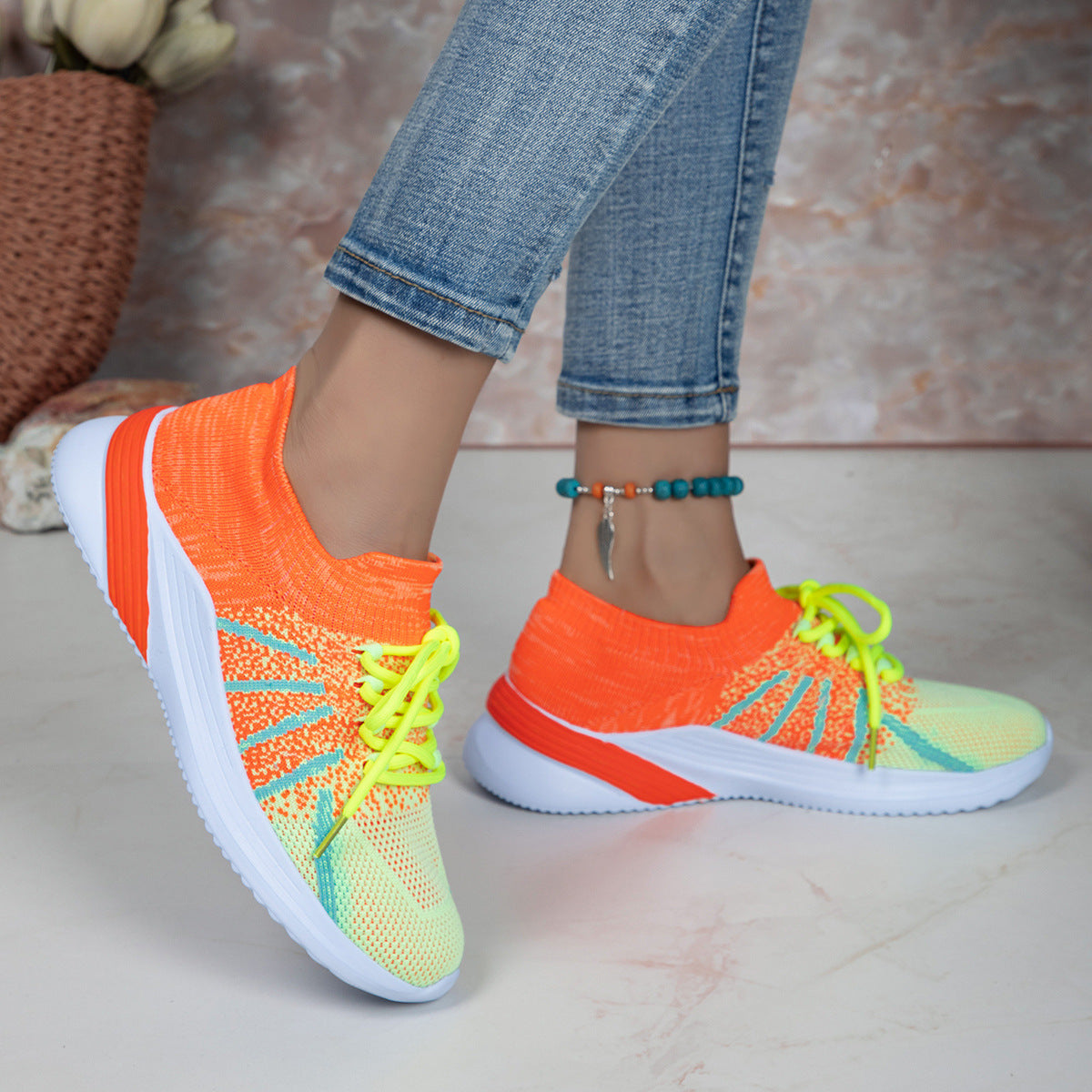 New Lace-up Sports Color-matching Breathable Mesh Shoes Running Walking