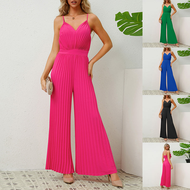 V-neck Suspender Pleated Jumpsuit Solid Color Loose Straight Pants Womens
