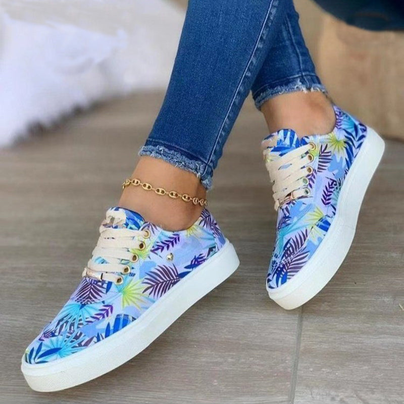 Canvas Shoes For Women Lace-Up Flats Leaves Print Casual Sneakers Round