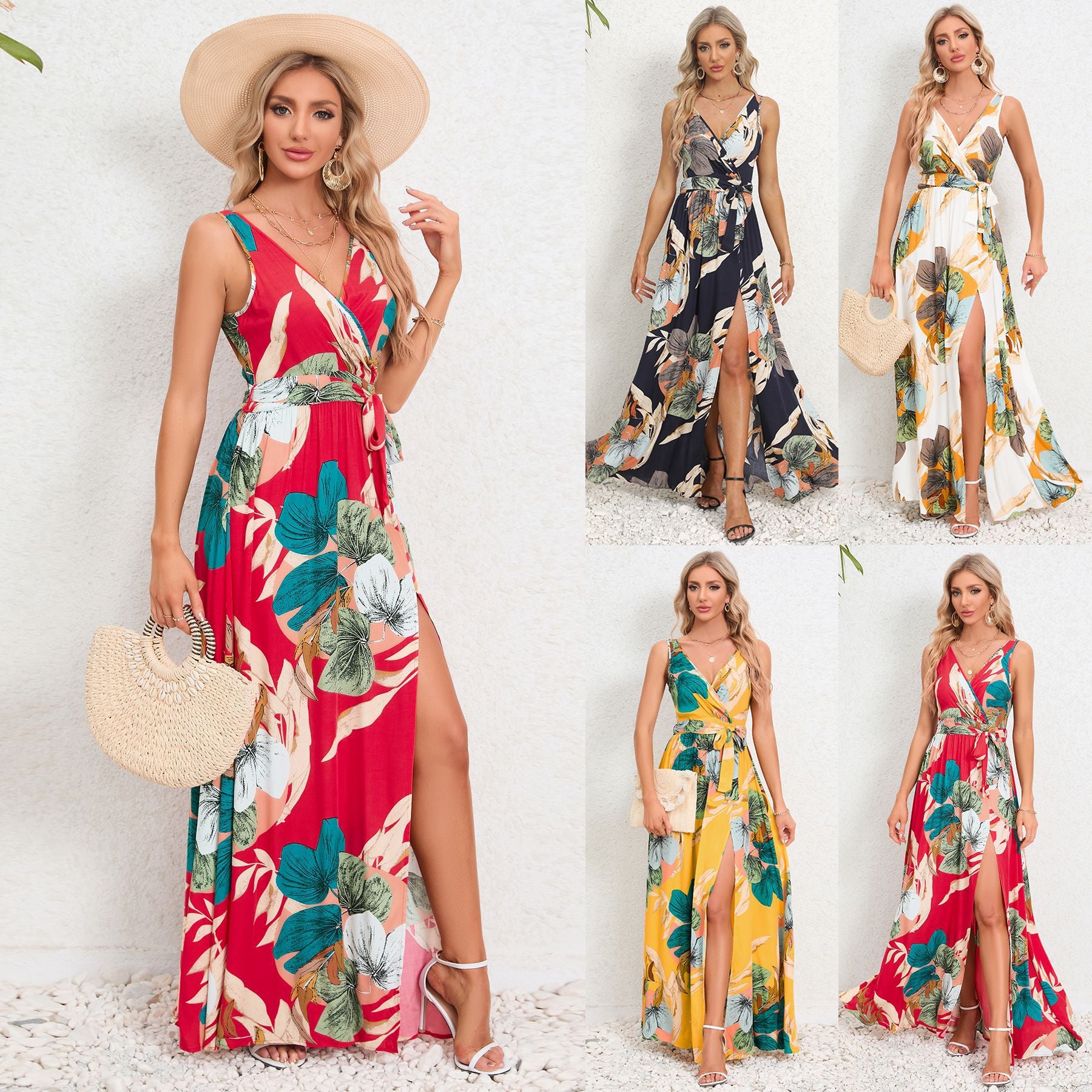 Floral Print V-neck Long Dress Summer Fashion with Waist Tie and Sleeveless Design