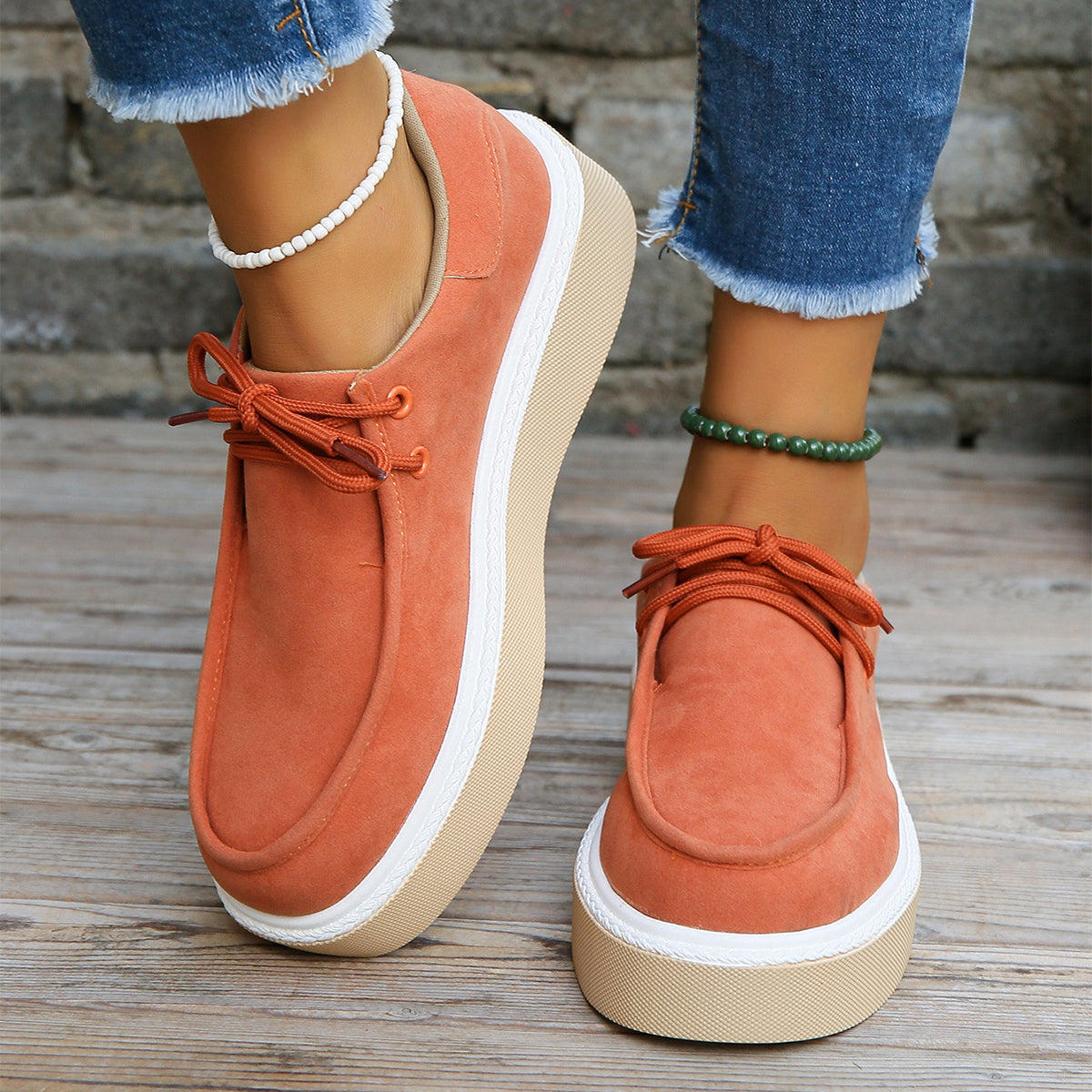 New Thick Bottom Lace-up Flats Women Solid Color Casual Fashion Lightweight