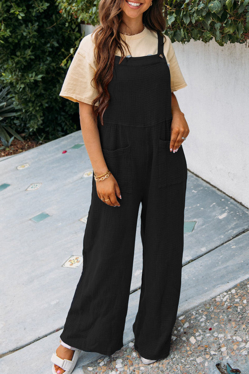 Square Neck Jumpsuit With Pockets Spring Summer Casual Solid Color Loose Overalls