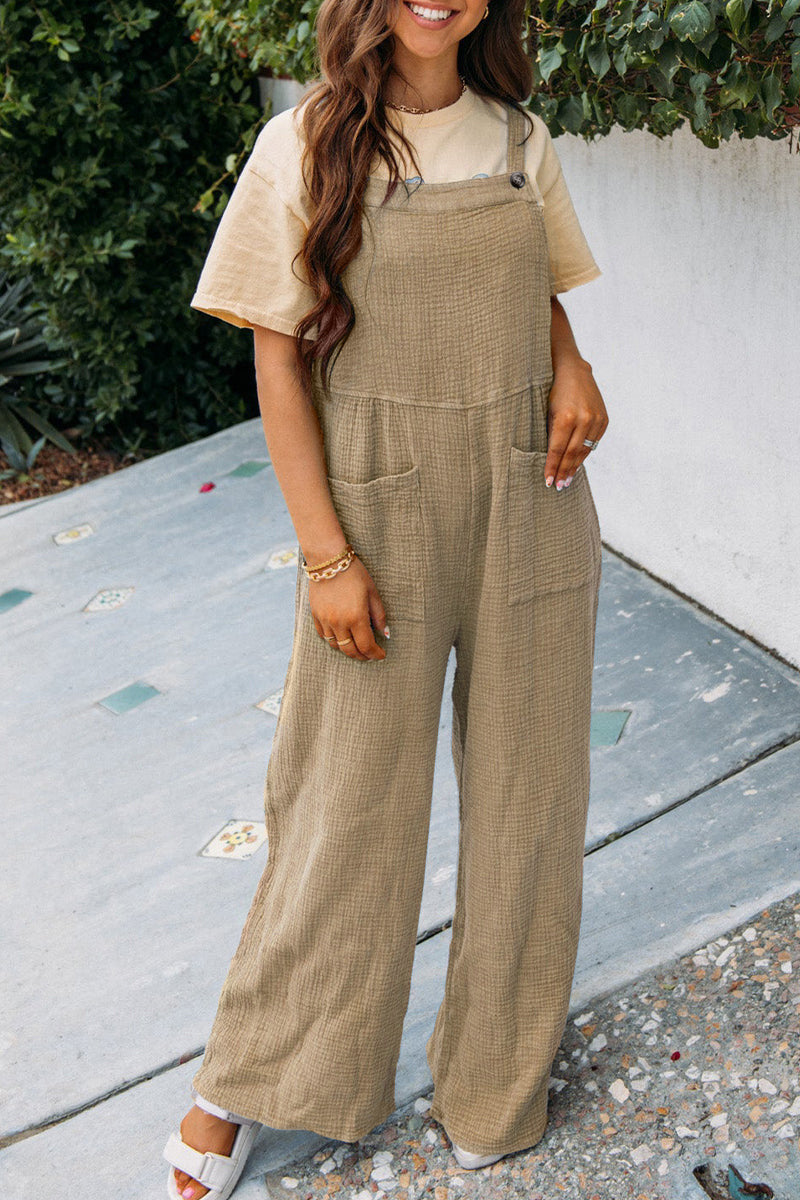 Square Neck Jumpsuit With Pockets Spring Summer Casual Solid Color Loose Overalls