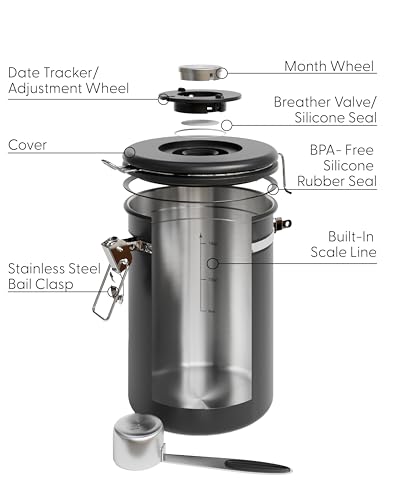 Veken Tea&Coffee Canister, Airtight Stainless Steel Kitchen Food Storage Container with Date Tracker and Scoop for Grounds Coffee, Beans, Flour, Cereal, Sugar, 22OZ, Black
