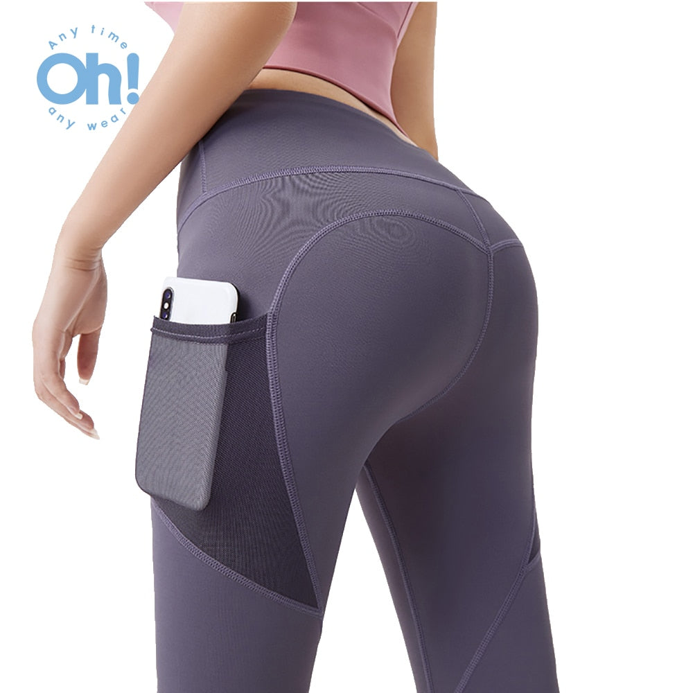 OHYOGA Women Fitness Gym Leggings Mesh Pocket