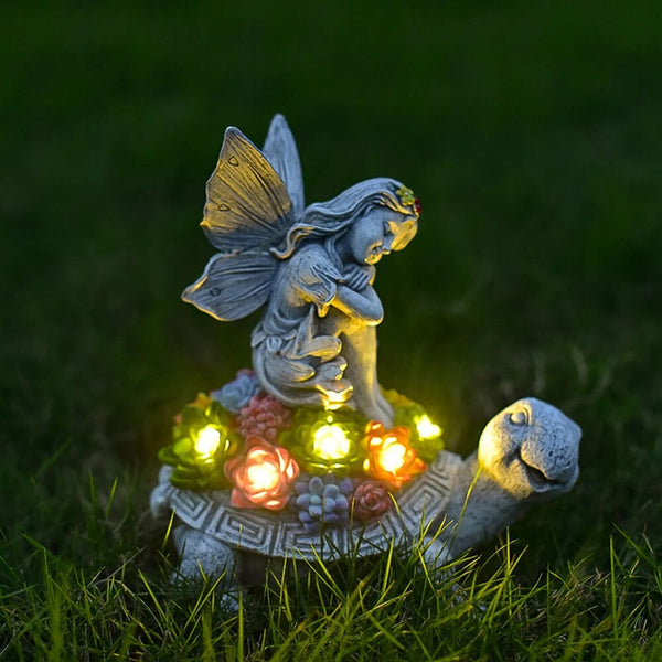 Garden Angel & Turtle Statue Solar Lamp Decor with LEDs Succulent Lights