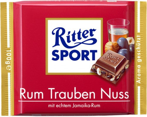 Ritter Sport Milk Chocolate with RUM, Raisins, and Hazelnuts 100g