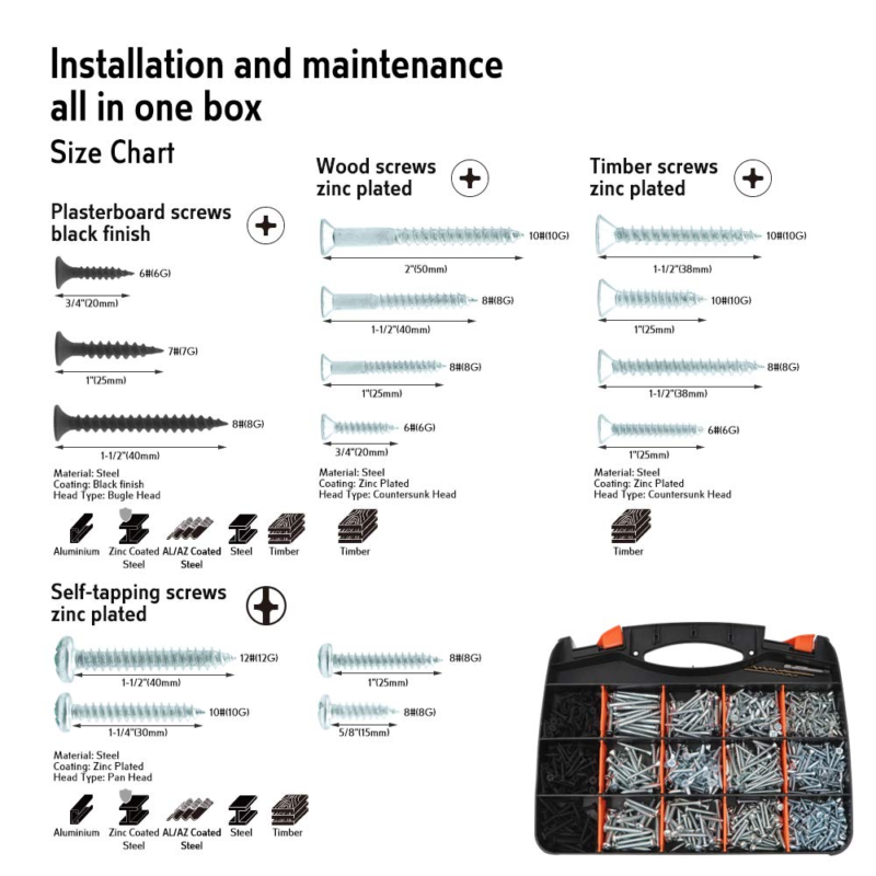 Screws Assortment Kit, 10 Types Popular Screws Set in 30 Size, Double-Sided Stor